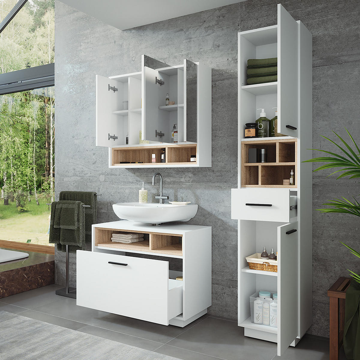 KOUPELNOVÁ SESTAVA NÁBYTKU Beatrice Bílá/Sonoma - bílá/Sonoma dub, kompozitní dřevo (80/64/35cm) - Vicco