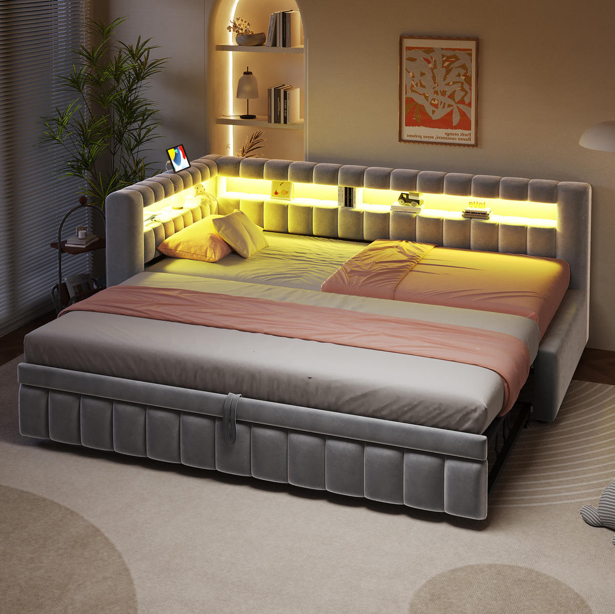 POLSTERBETT 90/200 cm in Hellgrau mit LED-Beleuchtung und USB- sowie Type-C-Anschlüssen - Hellgrau, Textil (90/200cm) - Flora Grace