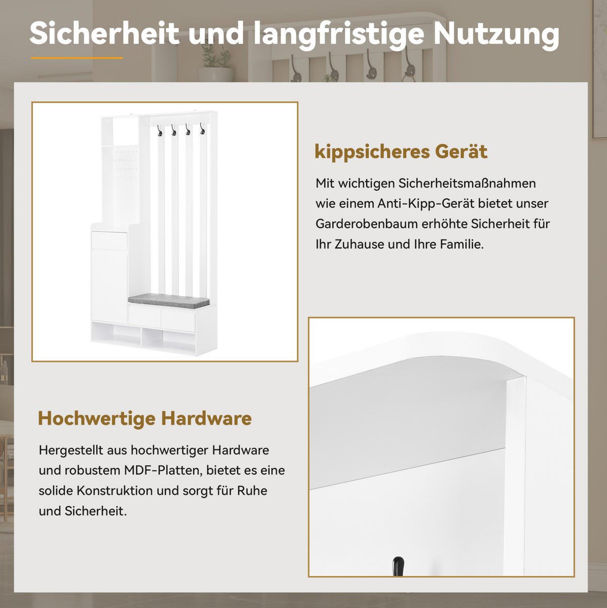 DIELENGARDEROBE mit Sitzbank und 4 Haken, 100/35/180 cm, in Weiß - Weiß, Holzwerkstoff (100/180/35cm) - BEAOK