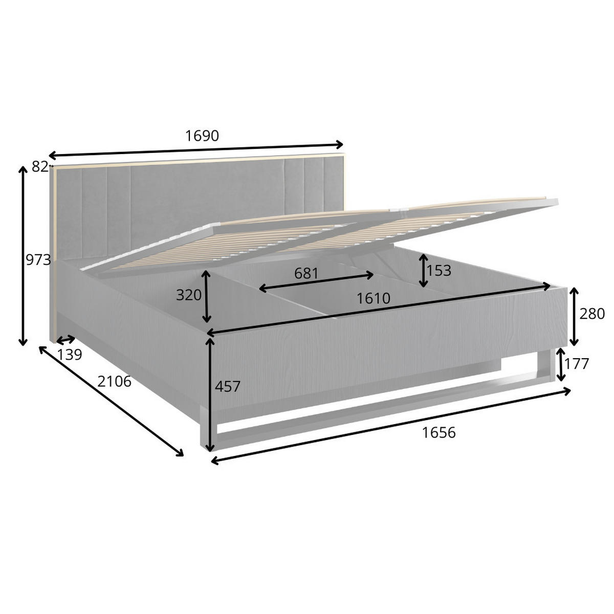 BETT MERONA – 160×200 cm mit Bettkasten und anhebbarem Lattenrost Schwarz Graphit - Schwarz, Holzwerkstoff (160/200cm) - Milaros Markt