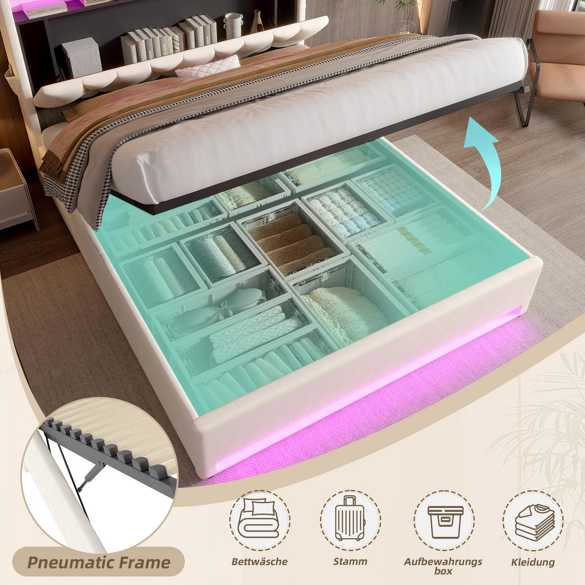 ČALOUNĚNÁ POSTEL samet béžový 160x200 cm s LED osvětlením, USB-C a úložným prostorem v čele postele - béžová, textil (160/200cm) - Urban Meuble