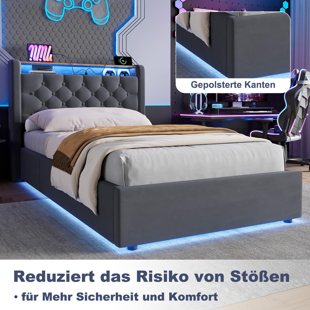 POLSTERBETT 90/190 cm in Grau, mit Bettkasten, LED und USB, ohne Matratze - Grau, Holzwerkstoff/Textil (90/190cm) - WISHDOR