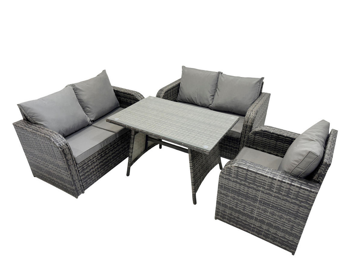BALKONSET mit ESSTISCH SOFA Polyrattan Dunkelgrau 5-Sitzer - Dunkelgrau/Grau, Glas/Kunststoff - Fimous