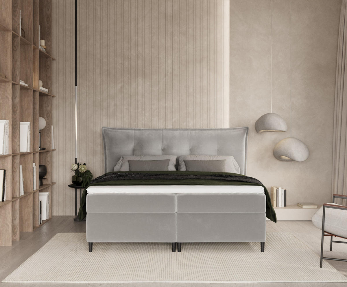 BOXBETT Sinai Grau Beige 140/200 cm mit Taschenmatratze und Topper - Greige/Schwarz, Holz/Holzwerkstoff (140/200cm) - Maison de Reve
