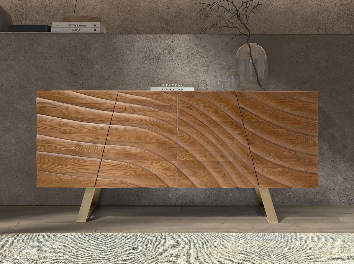 SIDEBOARD aus hellem Nussbaumholz und poliertem goldfarbenem Stahl 180/43/80 cm - Honigeiche/Cognac, Holz/Naturmaterialen (180/80/43cm) - ANGEL CERDA