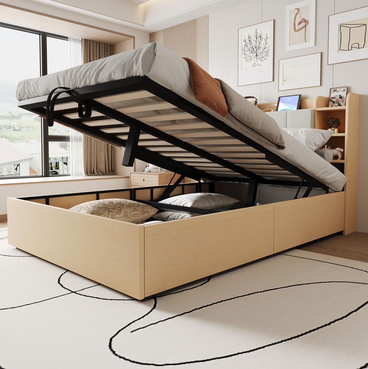BETT 140/200 cm mit hydraulischem Bettkasten, Kopfteil mit Stauraum, USB- und USB-C-Anschluss, MDF, farbe - Naturfarben, Holzwerkstoff (140/200cm) - Redom