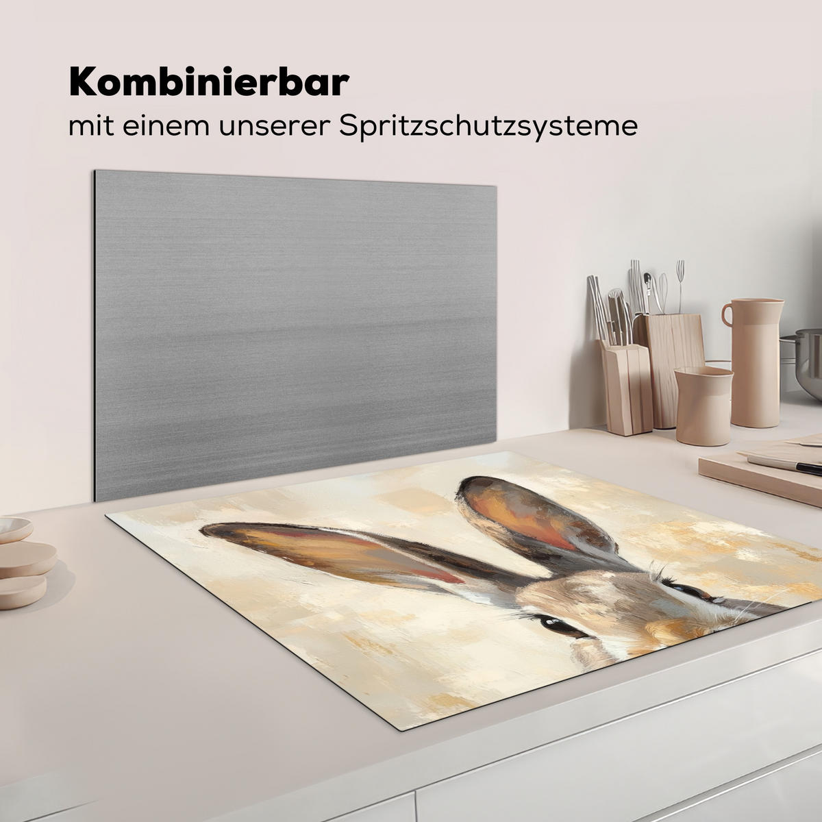 HERDABDECKPLATTE Hase - Ohren - Braun Induktionsmatte 78x78 cm - Beige, Kunststoff (78/78/0.2cm) - MuchoWow