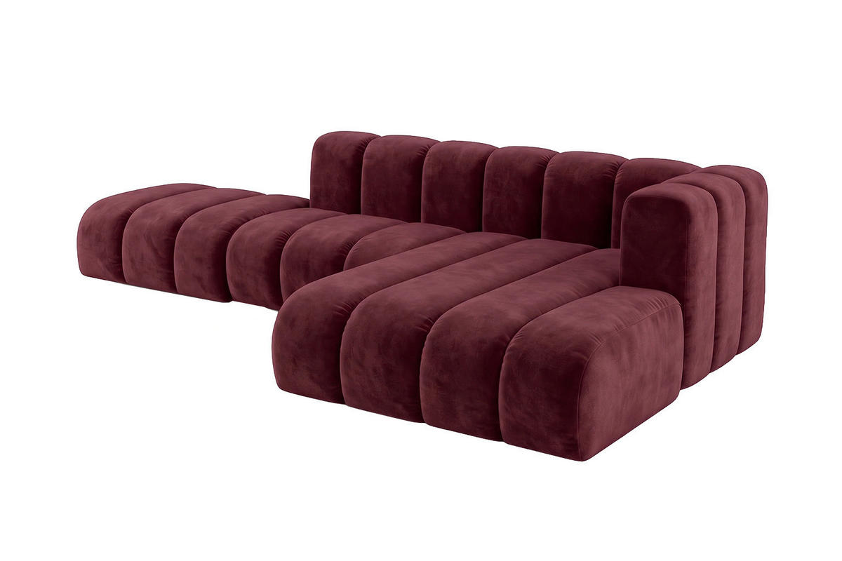 ECKSOFA Modulares In L-Form Mit Hocker, Velvet-Stoff Riviera, Rotwein, Rechts, GRAND Mini - Dunkelrot, Holz (295/179cm) - Kaiser Möbel