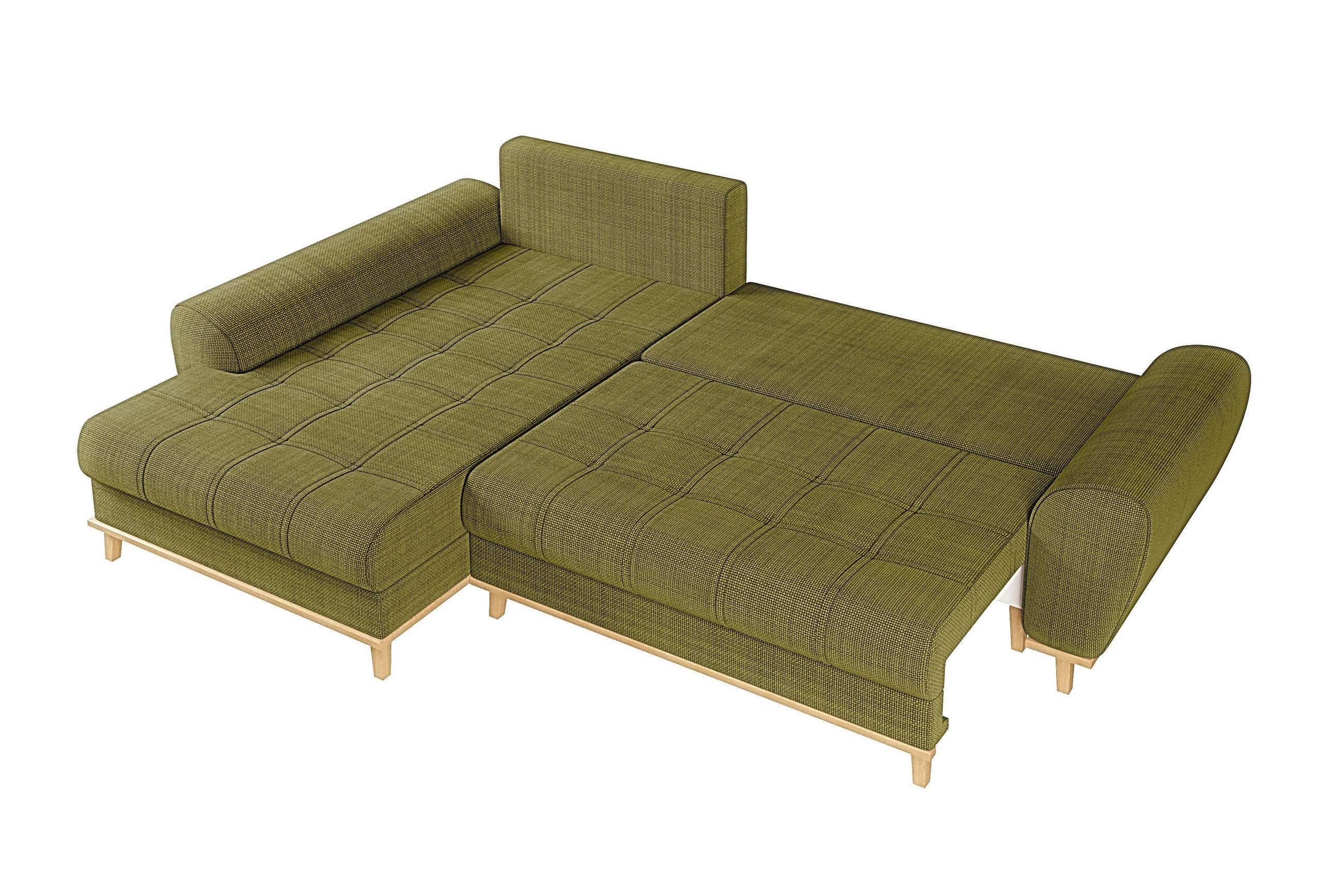 ECKSOFA im Scandi-Stil, Schlaffunktion, Bettkasten B268/T175/H86 cm, Ottomane links, Liegefl. 128x209 cm, Bouclé Chenille Stoff in Grün / 21016 - Eichefarben/Grün, Holz/Textil (268/175cm) - luma-home