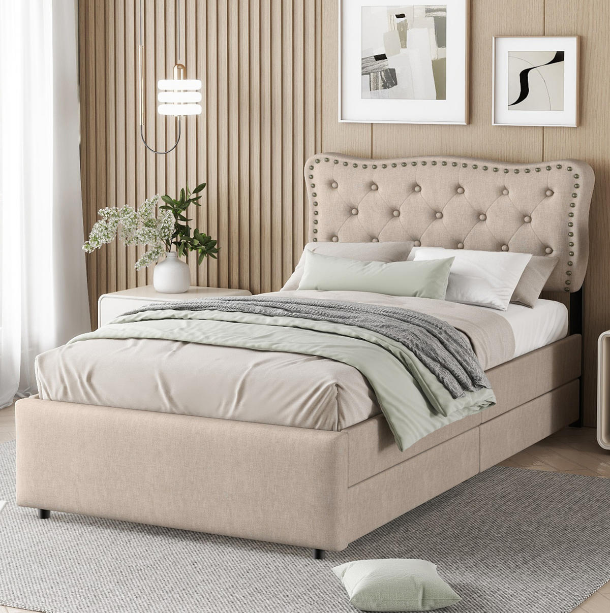 POLSTERBETT 90/200 cm Dunkelbeige aus MDF und Leinenstoff mit 2 Schubladen - Beige, Textil (90/200cm) - OKMYHOME