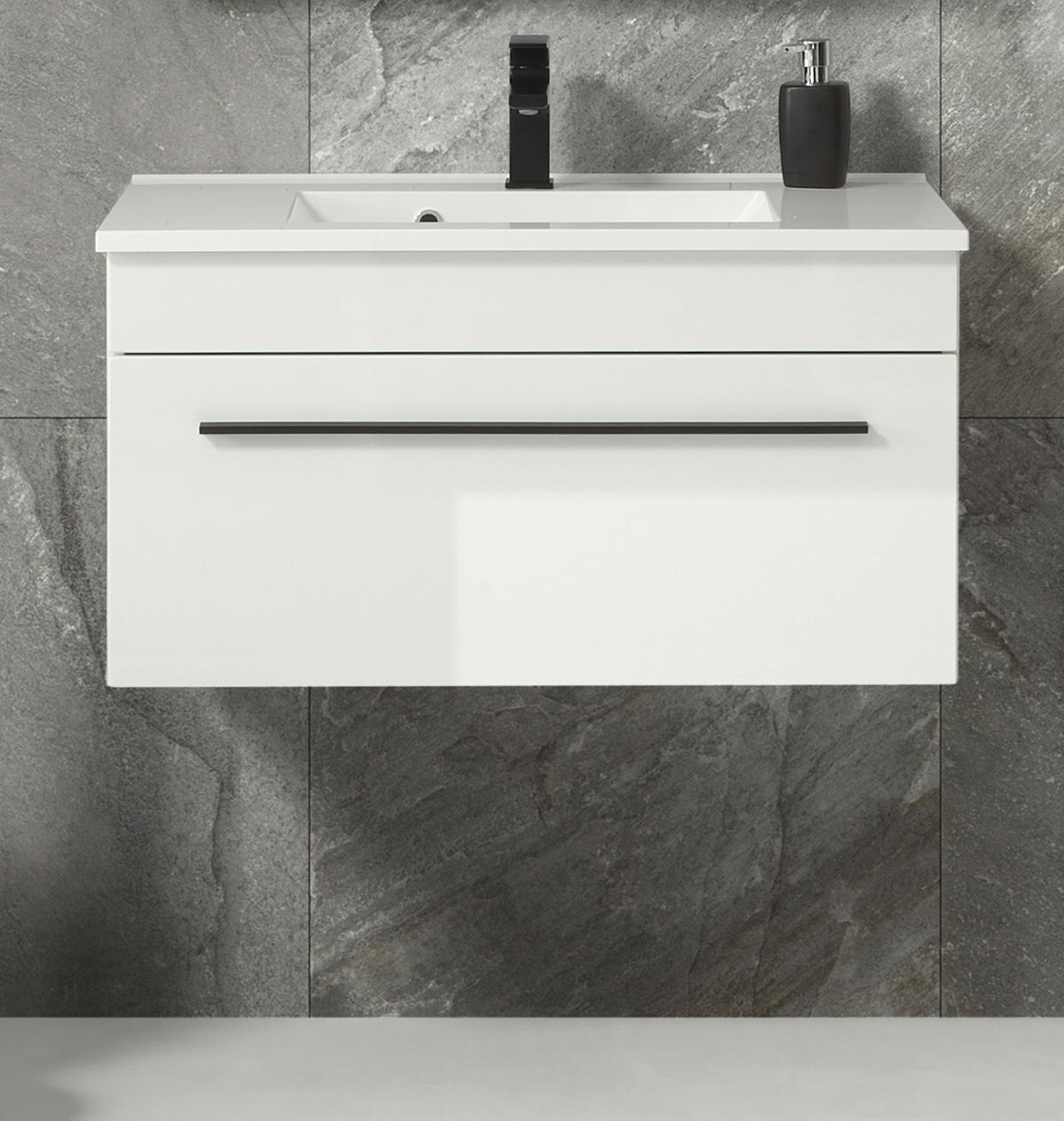 WASCHBECKENUNTERSCHRANK Waschbecken weiß Hochglanz, Waschtisch Set hängend, 80 x 43 cm - Weiß Hochglanz/Schwarz, Holzwerkstoff/Kunststoff (80/45/47cm) - Furn.Design