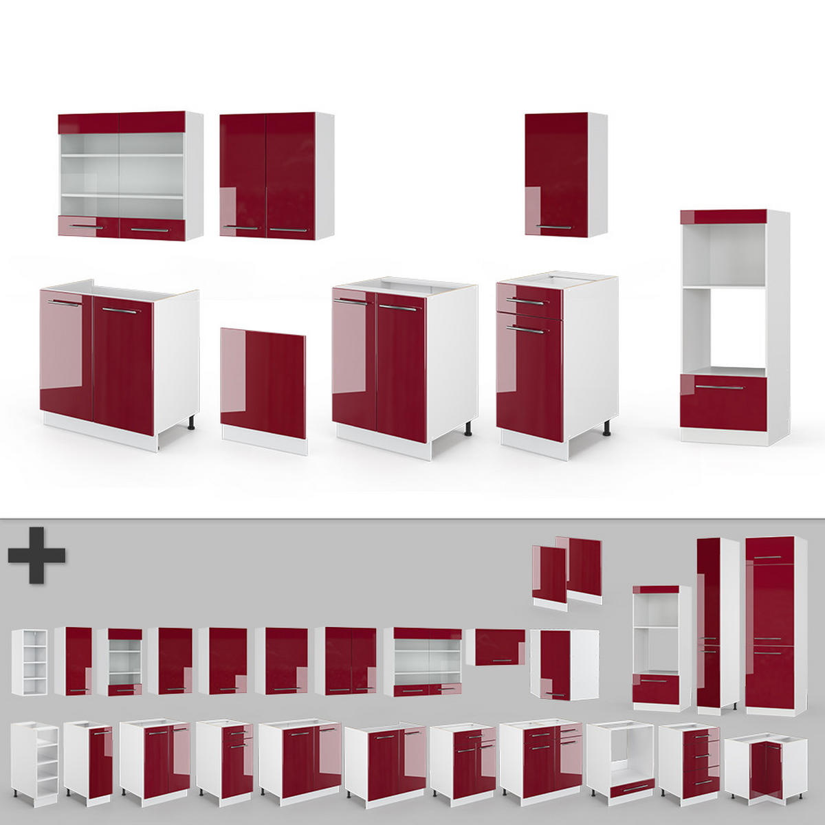 KÜCHENZEILE Fame-Line Bordeaux Hochglanz/Weiß 300 cm mit Hochschrank AP Eiche - Bordeaux/Weiß, Holzwerkstoff (300/81.6/60cm) - Vicco