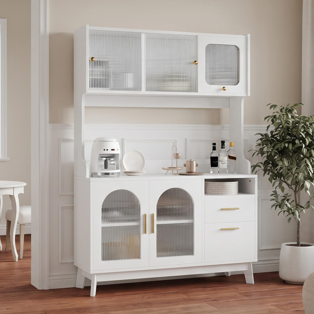 BUFFETSCHRANK 120x40x178 cm, 2 Steckdosen, USB-A/USB-C-Anschlüsse, Weiß - Weiß, Holzwerkstoff (120/178/40cm) - FOHERE