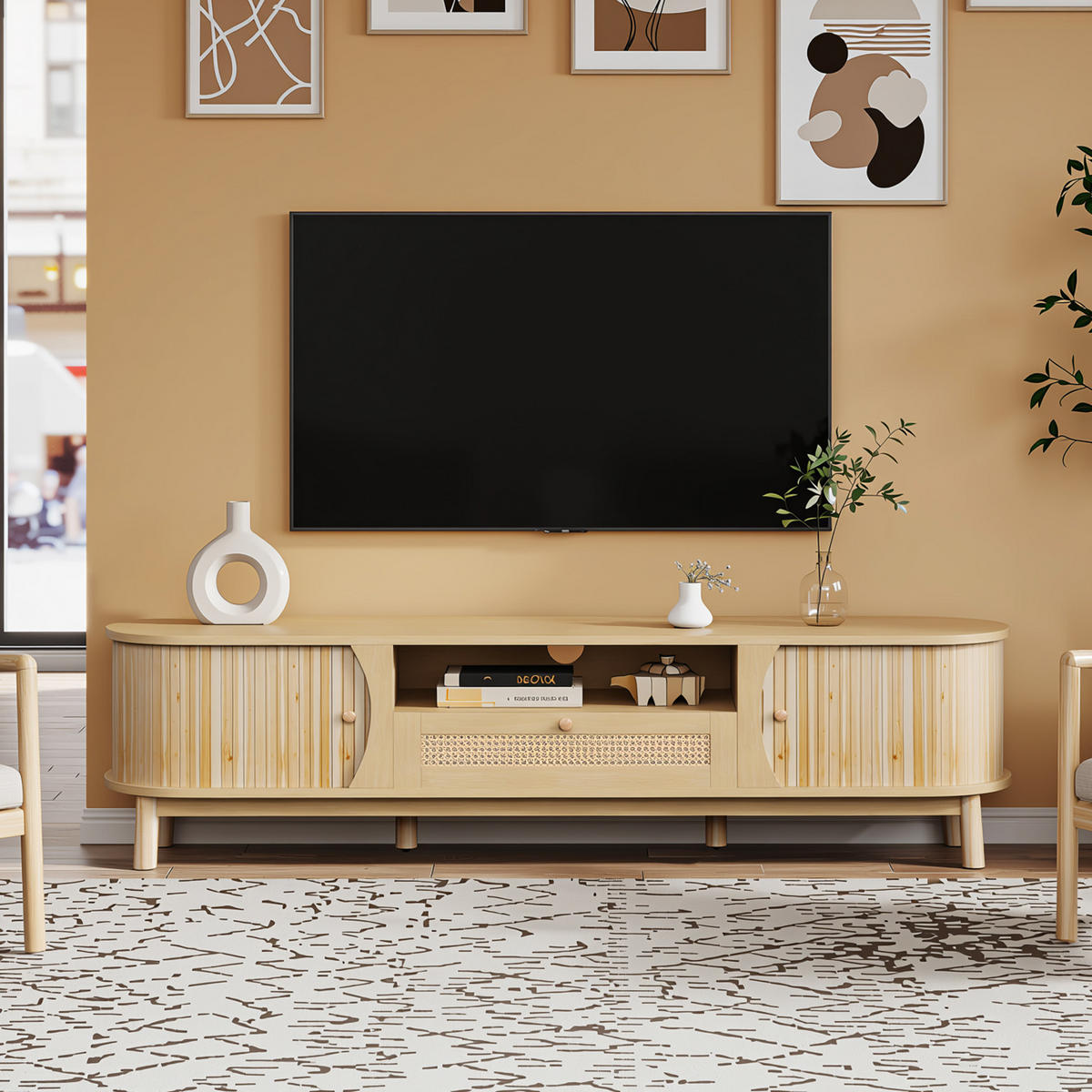 TV-SCHRANK 165 cm Natur MDF mit Rattan-Schublade, Schiebetüren & Stauraum - Naturfarben, Holzwerkstoff (165/46/37cm) - Urban Meuble