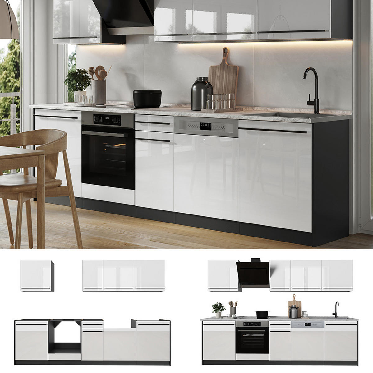 KÜCHENZEILE R-Line, Weiß Hochglanz/Anthrazit, 280 cm ohne Arbeitsplatte - Weiß Hochglanz/Anthrazit, Holzwerkstoff (280/206.8/46cm) - Vicco
