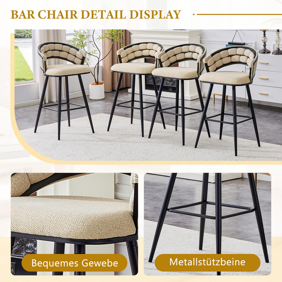 BARHOCKER 4er-Set Beige aus Samt mit Rückenlehne und Metallbeinen - Beige, Metall (56/98.5/50.5cm) - PANGIVO