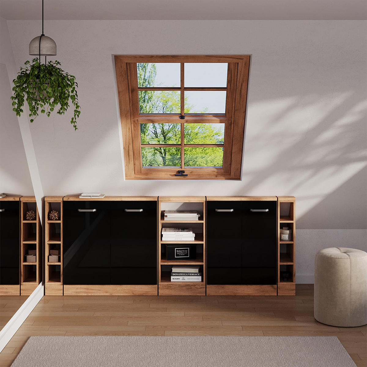 DACHSCHRÄGENSCHRANK-SET Rion Schwarz Hochglanz 5er Set - Schwarz Hochglanz, Holzwerkstoff (210/81.6/46cm) - Vicco