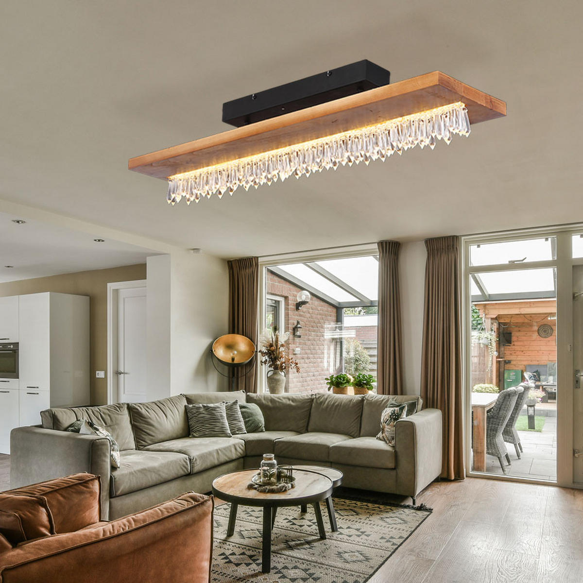 LED DECKENLEUCHTE Holz Braun Kristalldekor - Braun, Holz (80/20/19.5cm) - Globo Lighting