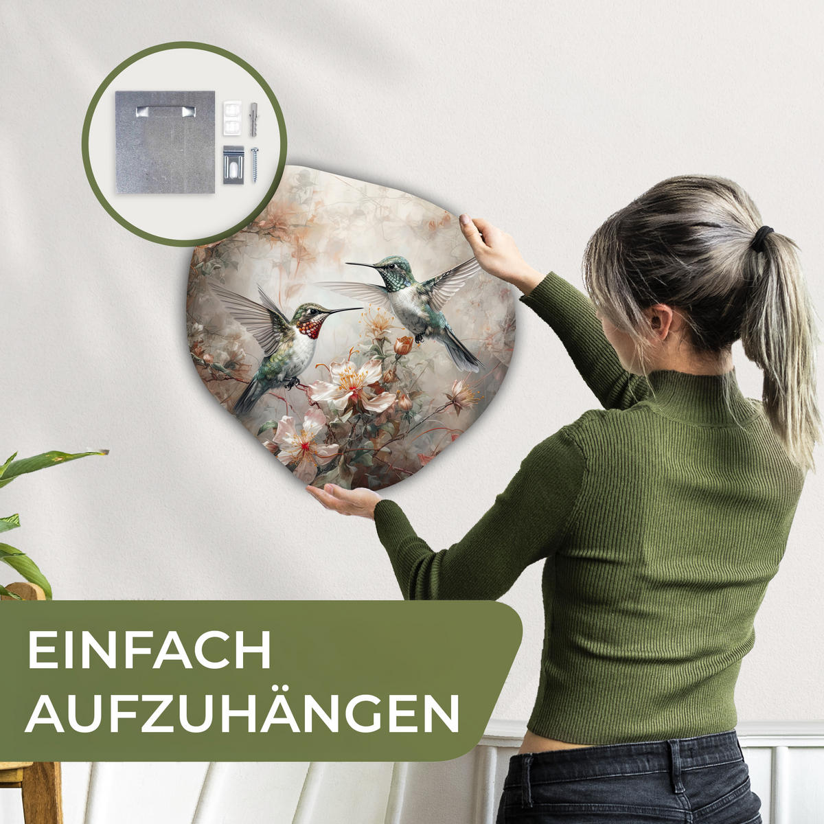 WANDBILD Kolibri - Vögel - Blumen - Pflanzen 40x40 cm - Hellgrün, Kunststoff (40/40cm) - MuchoWow