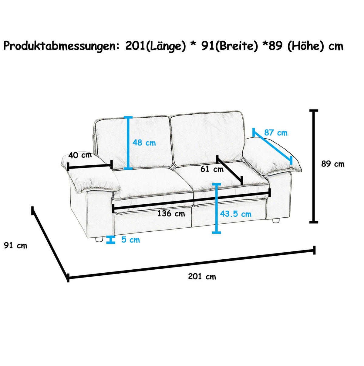2-SITZER 201/91/89 cm cremeweiß aus Polyester Sperrholz und Massivholz mit Stauraum - Creme, Textil (91/89/201cm) - OKWISH
