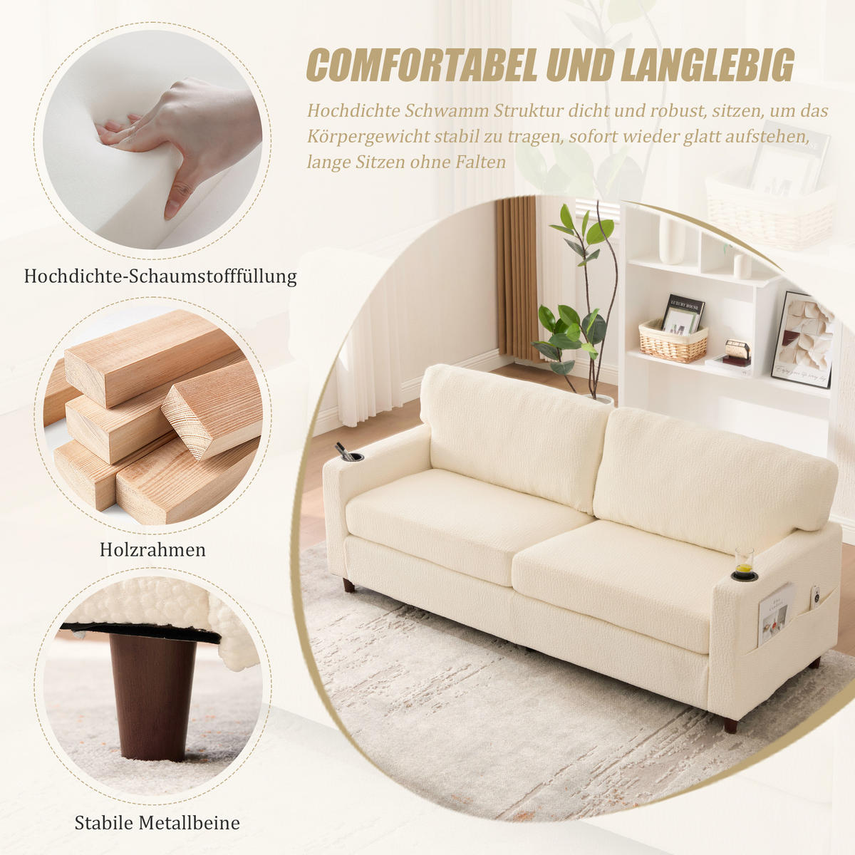 ZWEISITZER Sofa Chenille mit USB-Anschluss und LED-Licht 203/77,5/86 cm Beige - Beige, Textil (77.5/86/203cm) - Redom