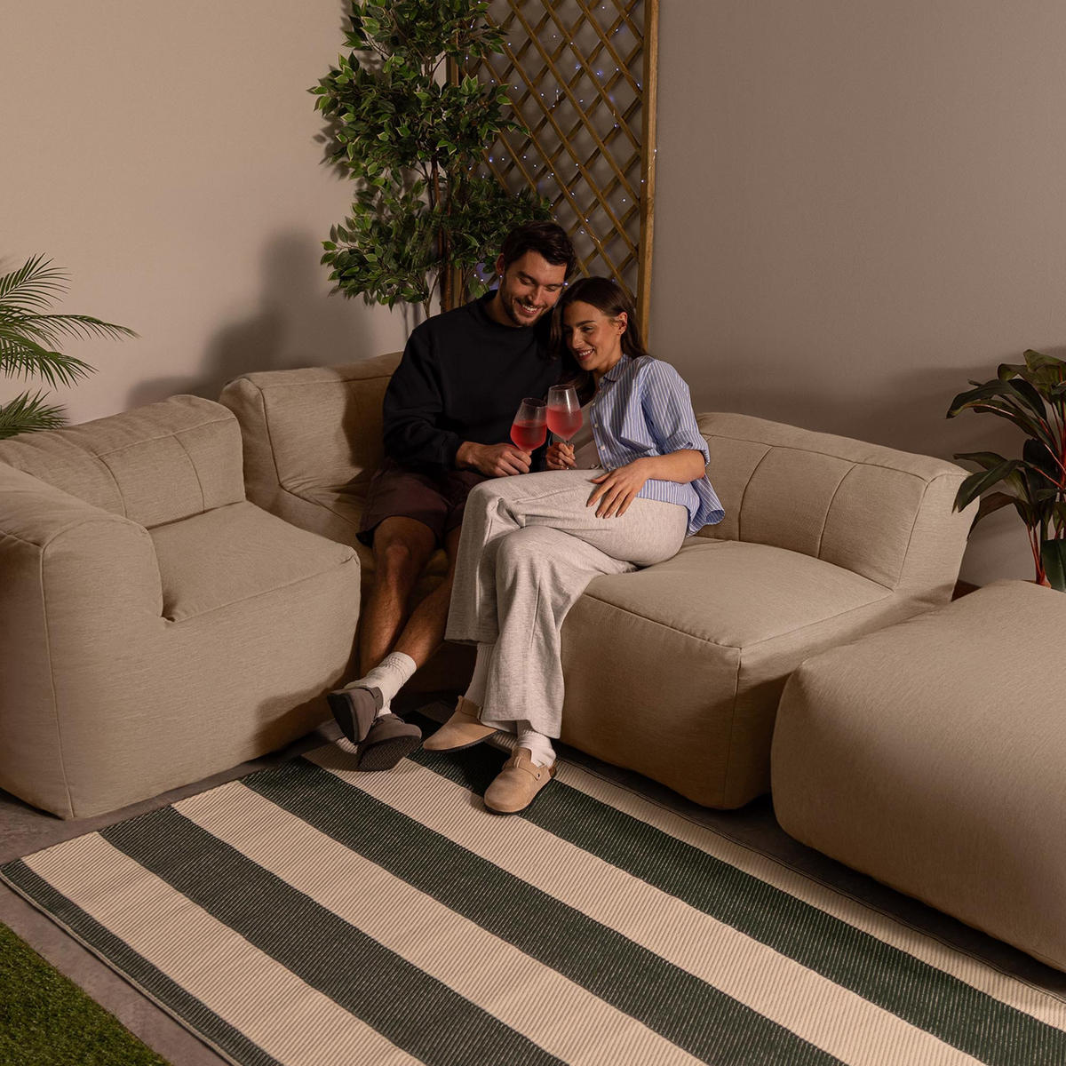 SITZSACK-SOFA Outdoor 4-tlg.: 2 Ecksessel, Sessel, Fußstütze - Beige, Textil (395/68/100cm) - icon