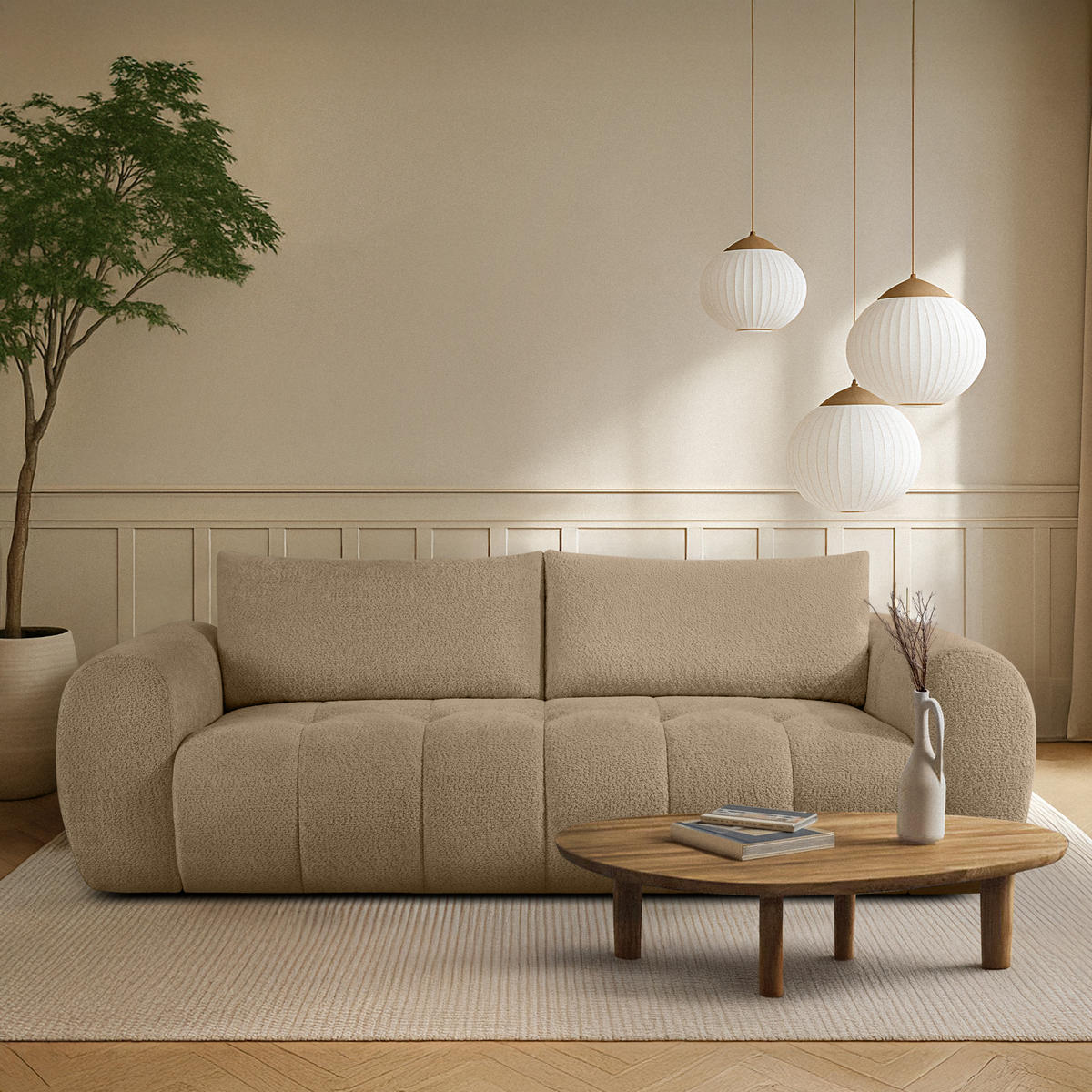 EINZELSOFA LIRA, Beige, Bouclé - Beige, Holz/Holzwerkstoff (256/84/112cm) - KONSIMO®