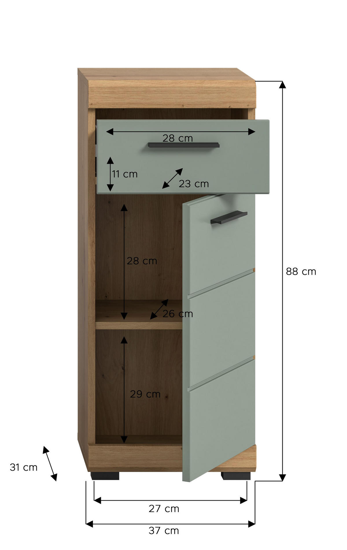STANDSCHRANK Scout Bad in Artisan Eiche Nachbildung und Salbei Nachbildung B/H/T: 37x88x31 cm - Eiche Artisan, Holz (37/88/31cm)