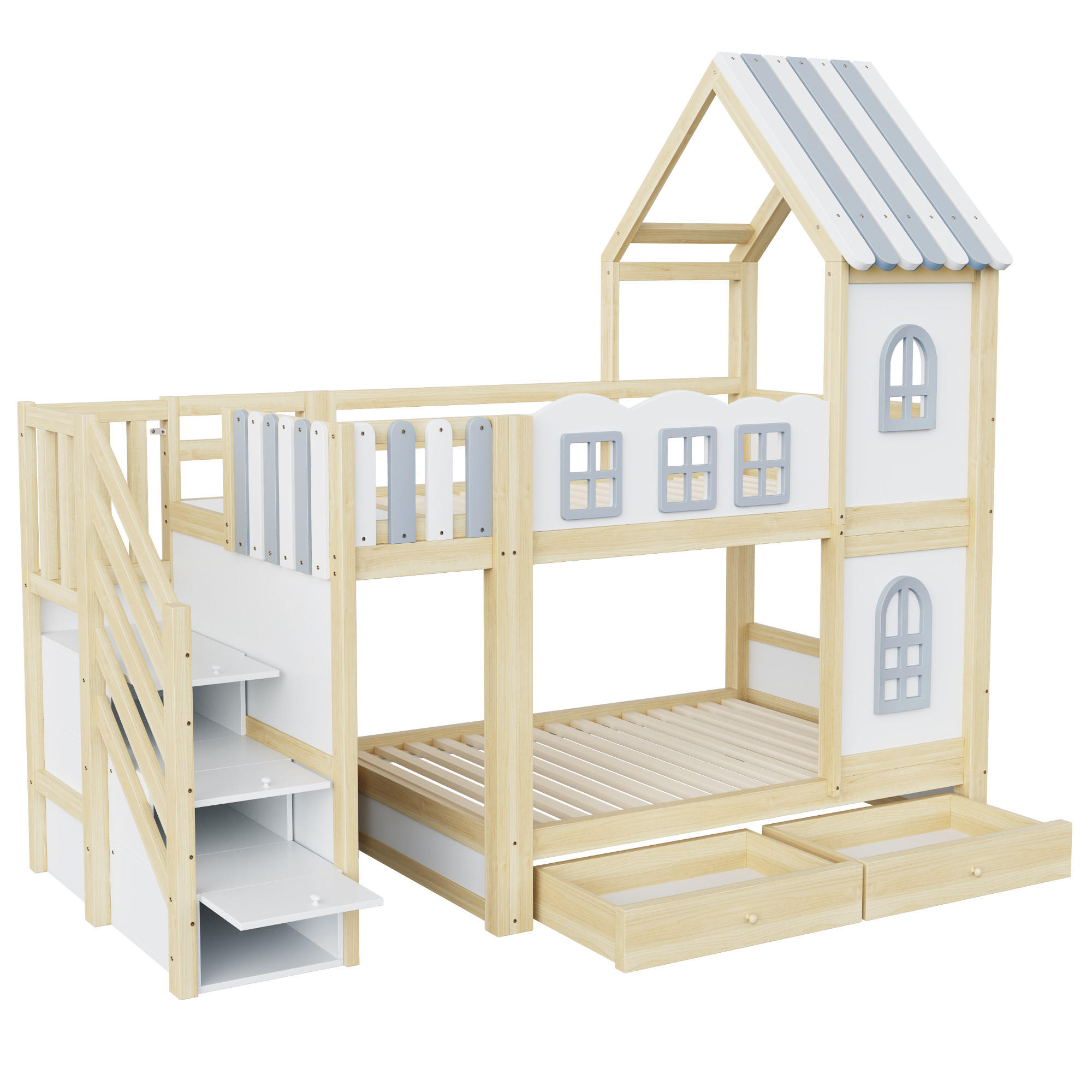 ETAGENBETT 90/200 cm DE-32570 mit Haus-Design und Wolken-Gittern Weiß - Weiß, Holz (90/200cm) - ComfortXL