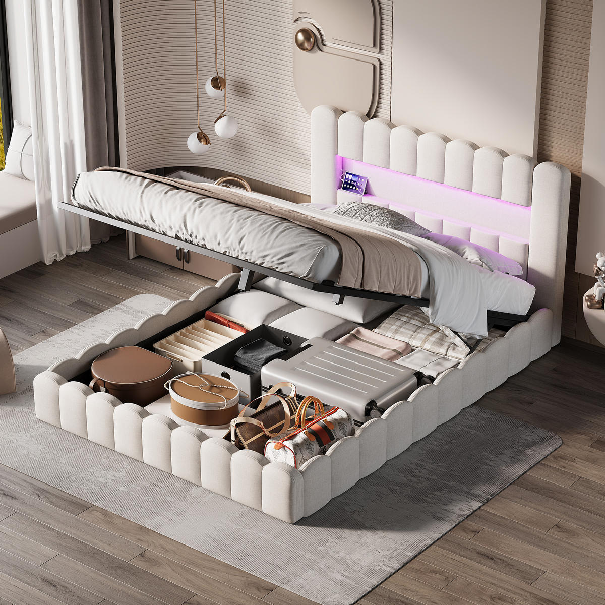 STAURAUMBETT 160x200 cm Doppelbett, mit USB-Anschluss und LED-Beleuchtung, Leinenstoff in Beige - Beige, Holz (160/200cm) - BRILVERDE