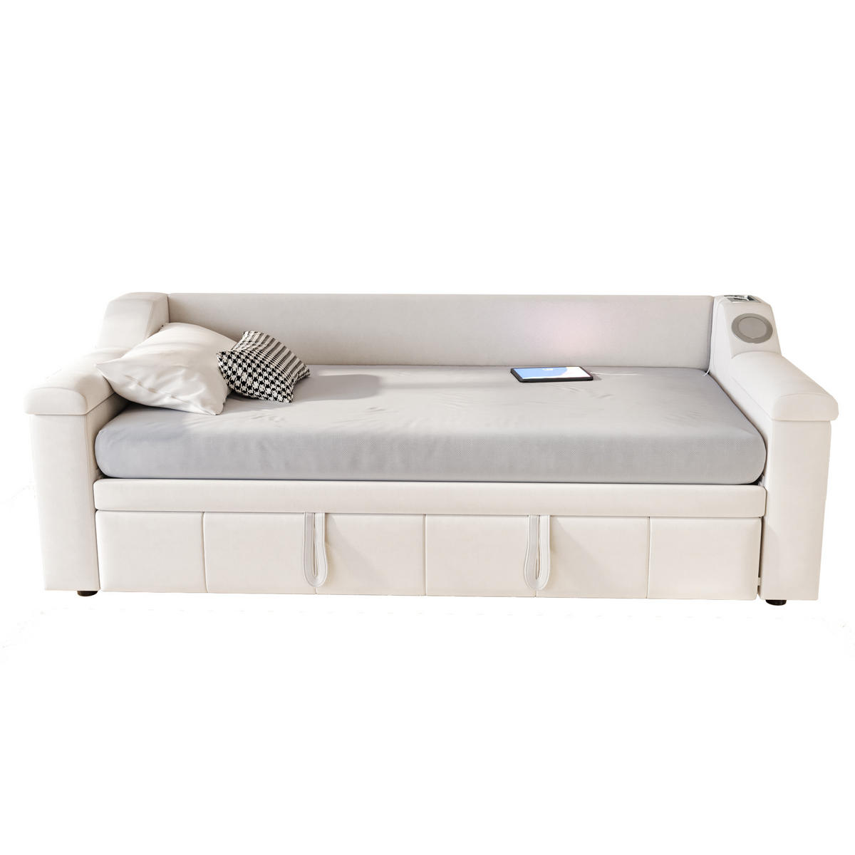 AUSZIEHBETT 90/190 cm beige mit Bluetooth-Stereoanlage und Ablagefächern - Weiß, Textil (90/190cm) - OKWISH