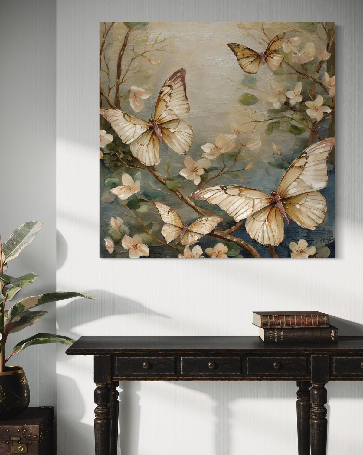 WANDBILD schmetterling blumen aquarell - Beige, Textil (50/50cm) - Feeby