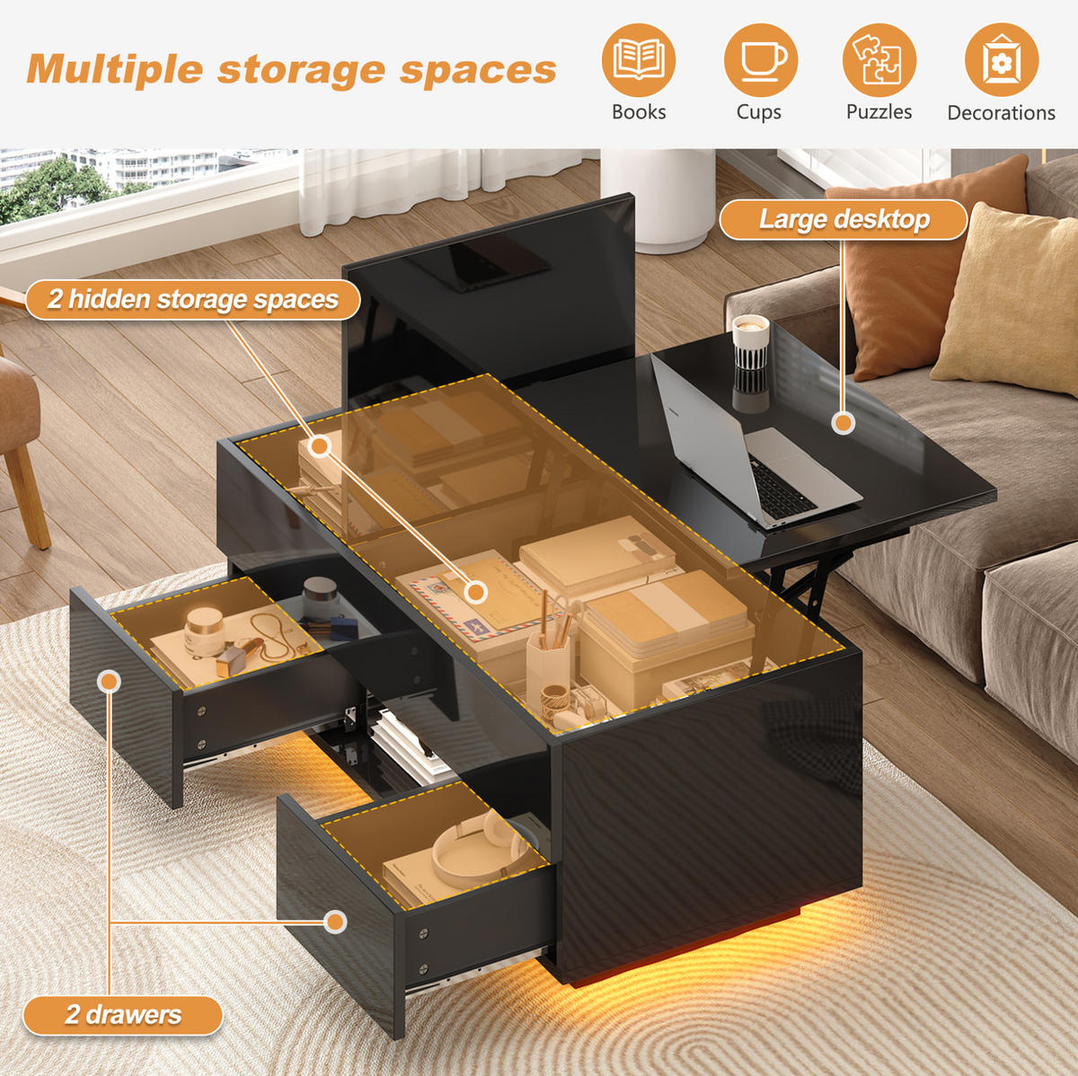 COUCHTISCH 100/45/43 cm Schwarz aus Spanplatte mit LED und Stauraum - Schwarz, Holzwerkstoff (100/45/43cm) - OKMYHOME
