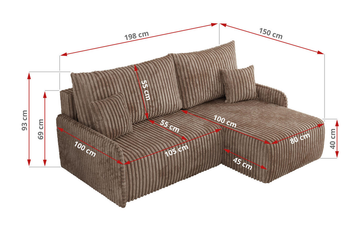 ECKSCHLAFSOFA ARPA L Braun Cord - rechts - Schwarz/Braun, Kunststoff/Textil (150/198cm) - MKS