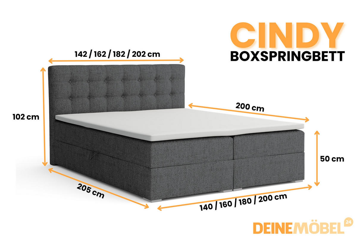 BOXBETT CINDY 140/200 in Stoff Anthrazit H3 - Anthrazit, Holz/Holzwerkstoff (140/200cm) - Deine Möbel 24