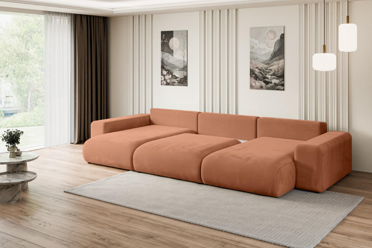 WOHNLANDSCHAFT mit Schlaffunktion und Bettkasten ESKAR-U -352x165x84cm Koralle Velours - Koralle/Schwarz, Holzwerkstoff/Kunststoff (352/84/165cm) - ALTDECOR