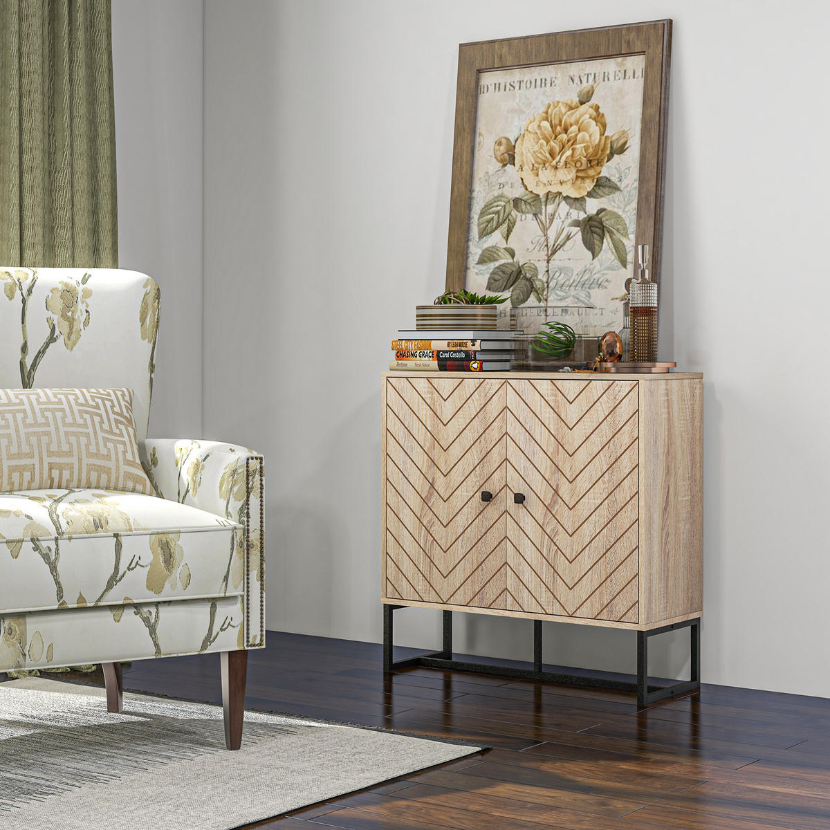 SIDEBOARD DE-10987 Chevron-Muster Holz/Schwarz - Naturfarben, Holzwerkstoff (80/80/29cm) - ComfortXL