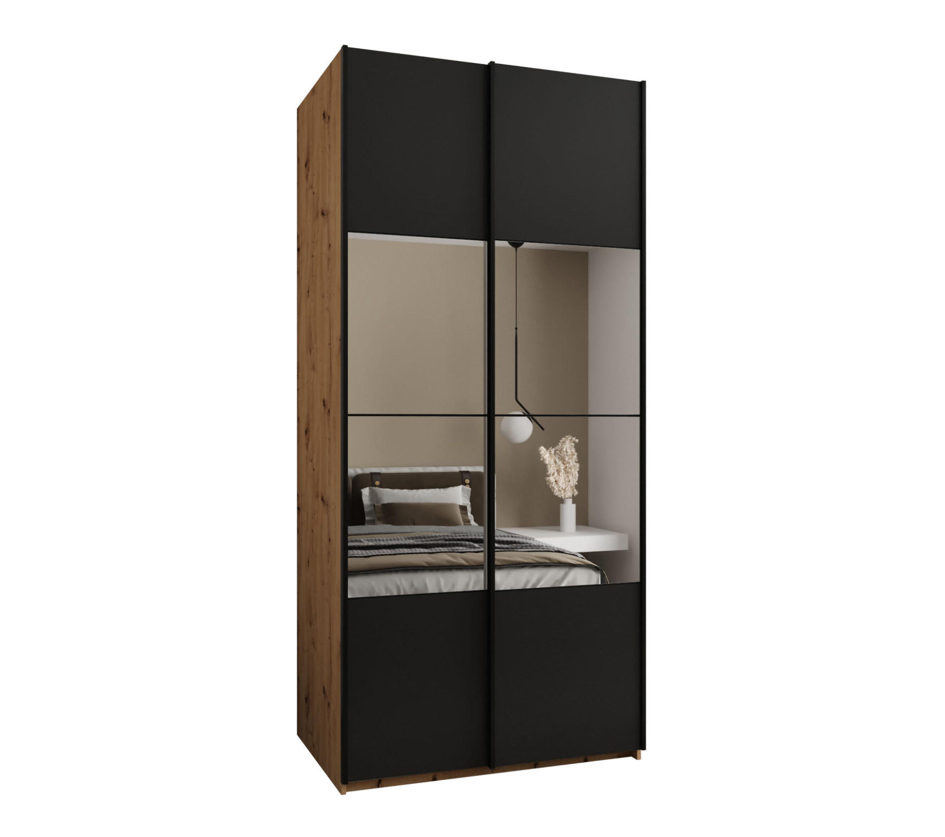 Abiks Möbel Schwebetürenschrank Eiche Artisan, Schwarz, Schwarz 100x245x64 cm