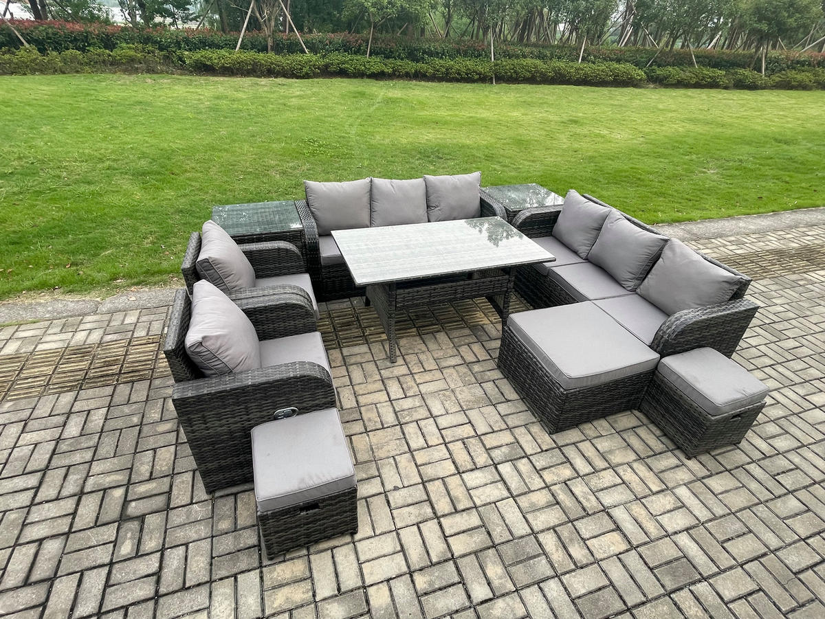 GARTENTISCHGRUPPE mit 2 Beistelltischen,3 Hockern Polyrattan Dunkelgrau 10-Sitzer - Dunkelgrau/Grau, Glas/Kunststoff - Fimous
