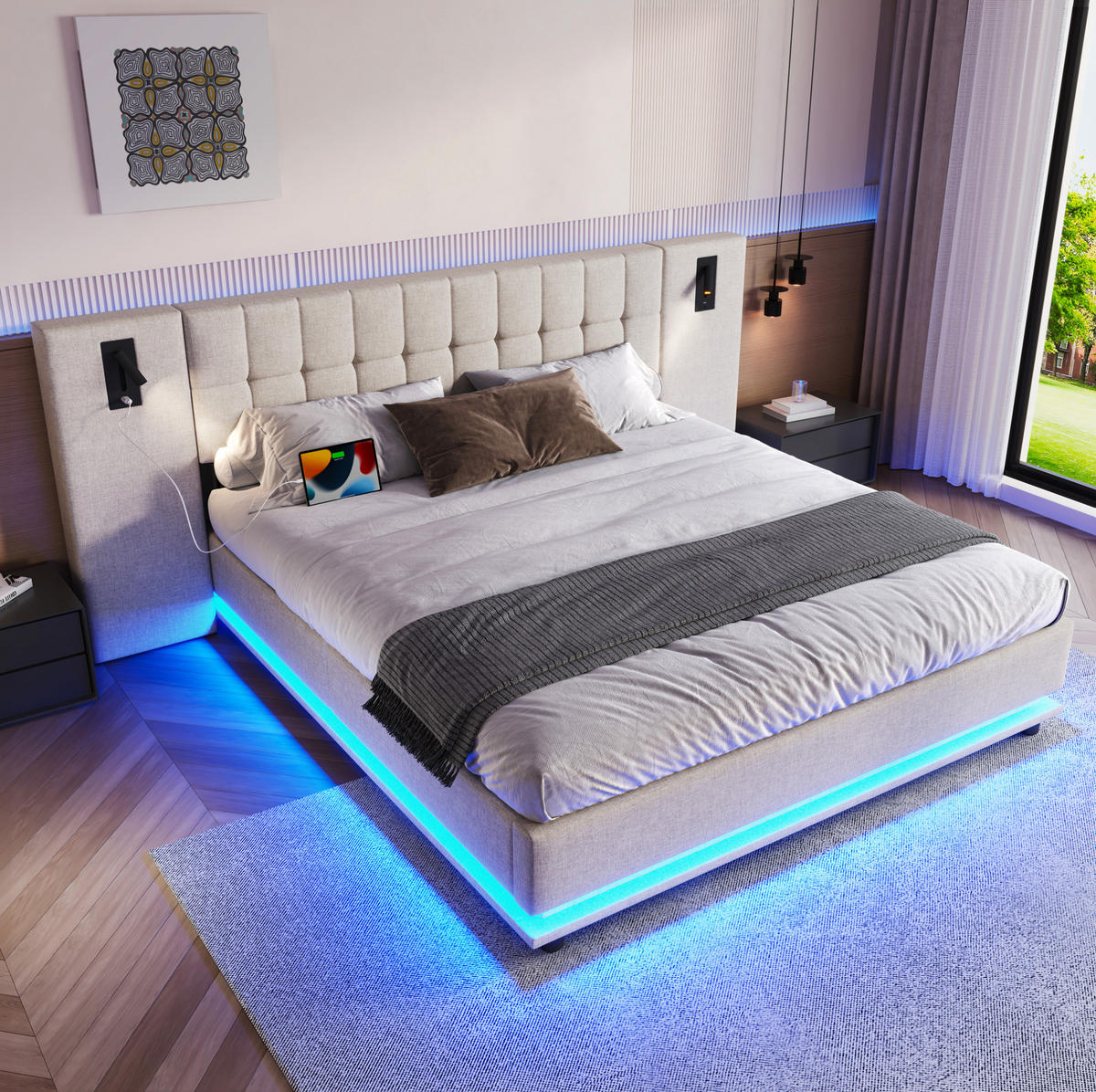 ČALÚNENÁ posteľ 180/200 cm s LED osvetlením, USB portom a lampičkou v čele, bez matraca, Béžová - béžová, textil (180/200cm) - Redom