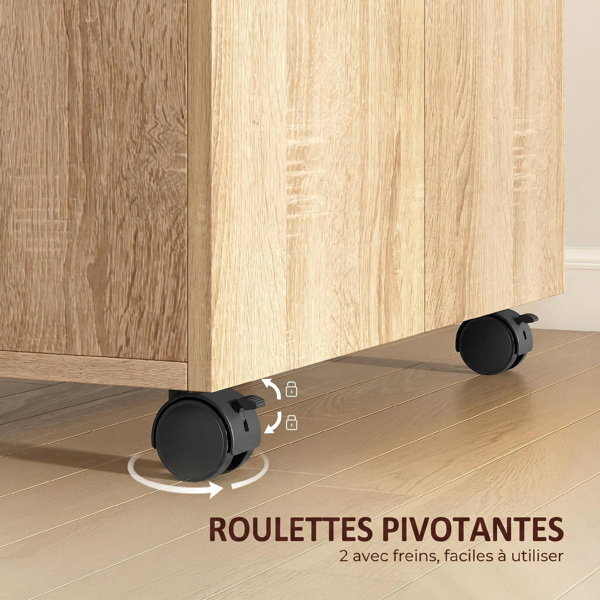 SIDEBOARD Naturfarben, 2 Türen, auf Rollen, 60/35/65 cm - Naturfarben, Holz (60/65/35cm) - PANGIVO