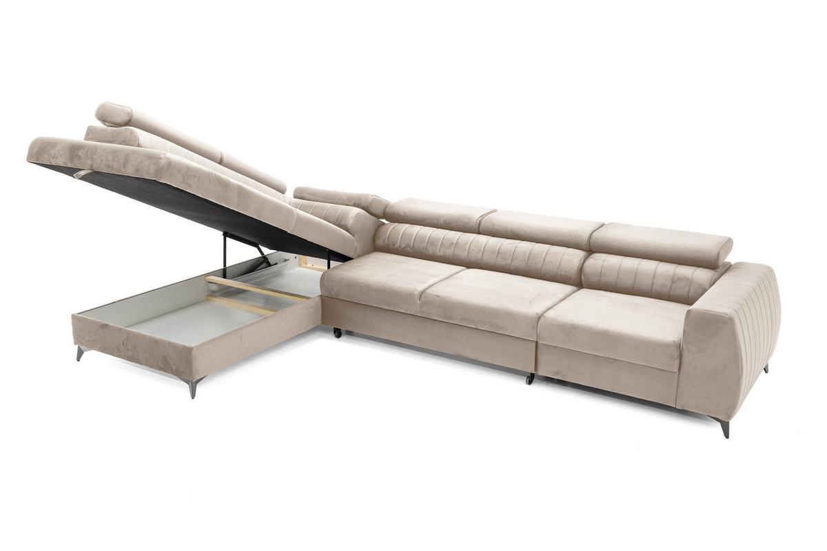 ECKSOFA PIERO MAXI Links mit Schlaffunktion 195x125 Velours Beige - Beige/Schwarz, Holz/Textil (350/203cm) - Muffo