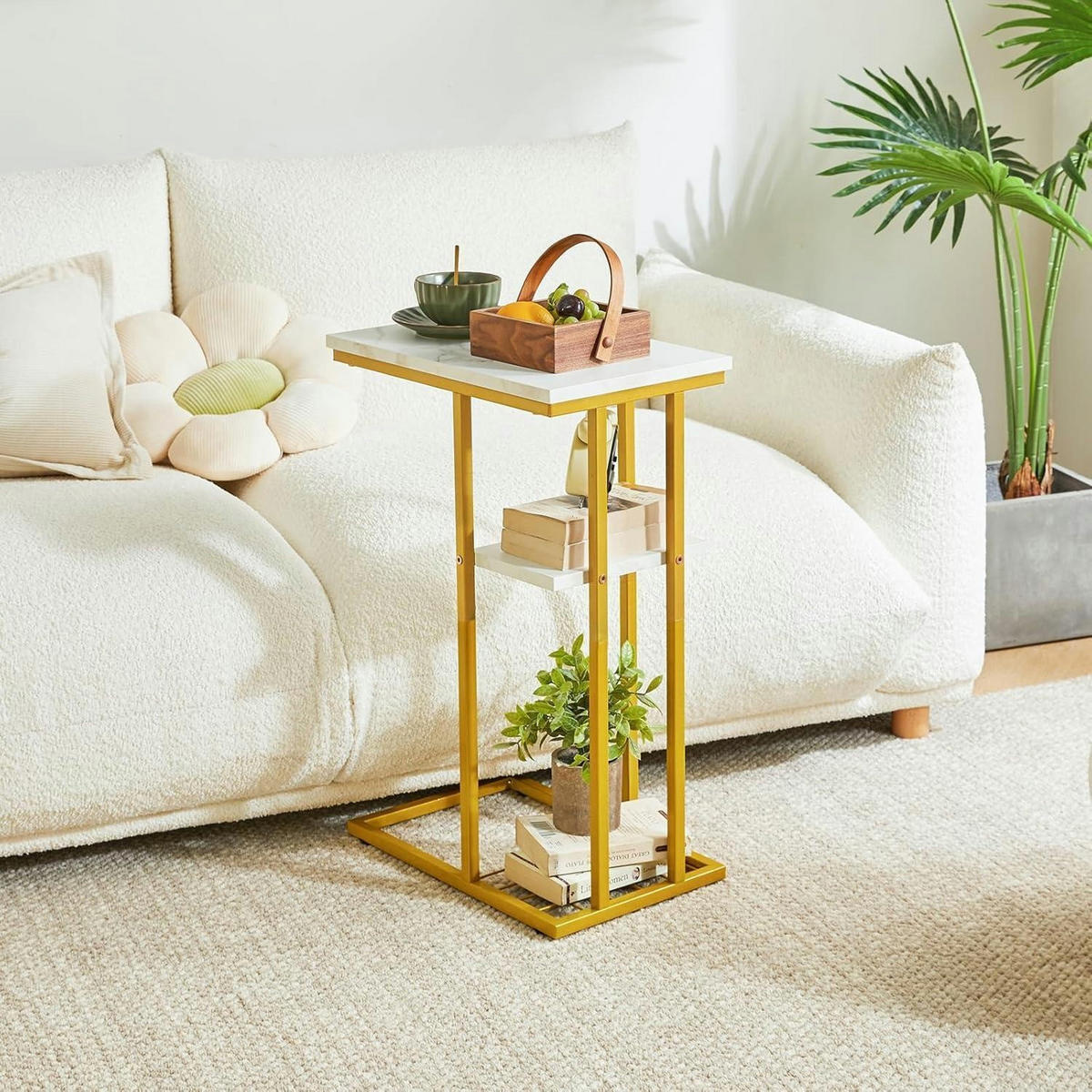 BEISTELLTISCH C-Form Marmormuster Weiß & Gold 40 x 26 x 61.5 cm - Multicolor, Metall (40/26/61.5cm)