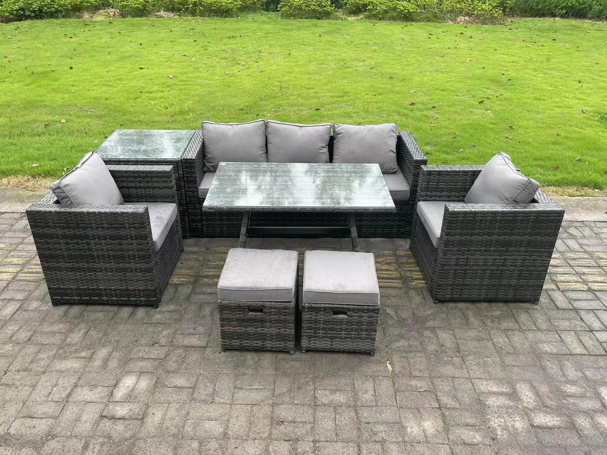 GARTENMÖBELSET mit Esstisch,Beistelltisch 7-Sitzer Grau - Dunkelgrau/Grau, Glas/Kunststoff - Fimous