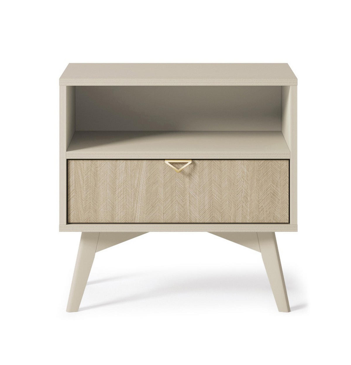 NACHTTISCH Firr S54, Sandbeige, Skandi-Fischgrätmuster, Schlafzimmer, 1 Schublade, 1 Ablage, Goldgriffe - Beige, Holzwerkstoff (54/54/38cm) - Bettso