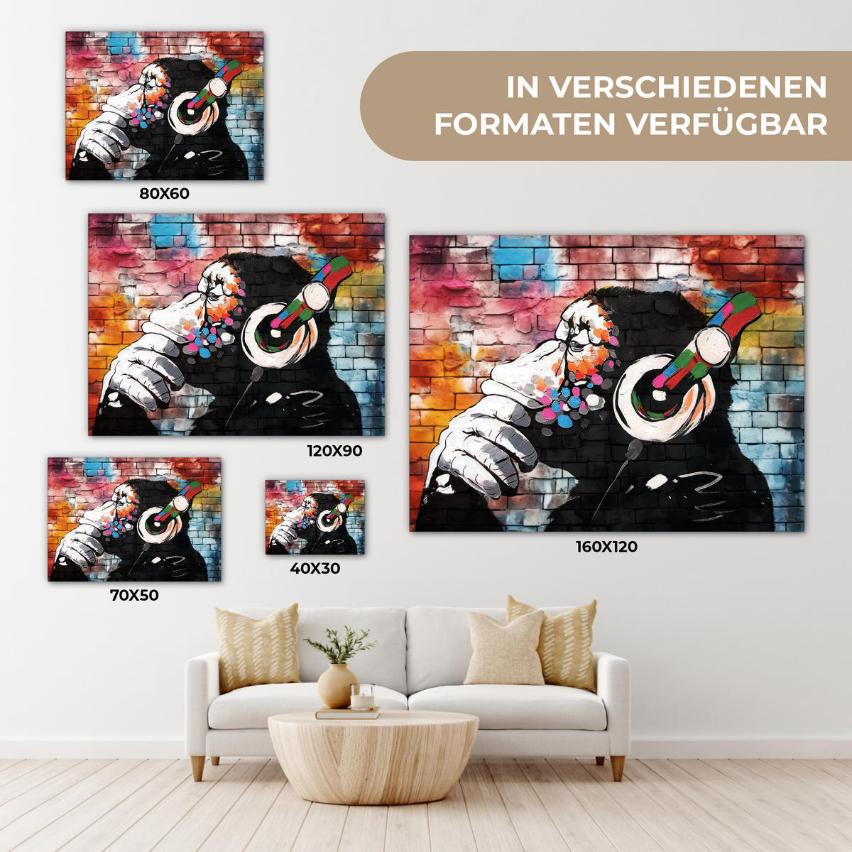 LEINWANDBILD Affe - Graffiti - Musik Wandbilder 80x60 cm - Multicolor, Textil (80/60cm) - MuchoWow