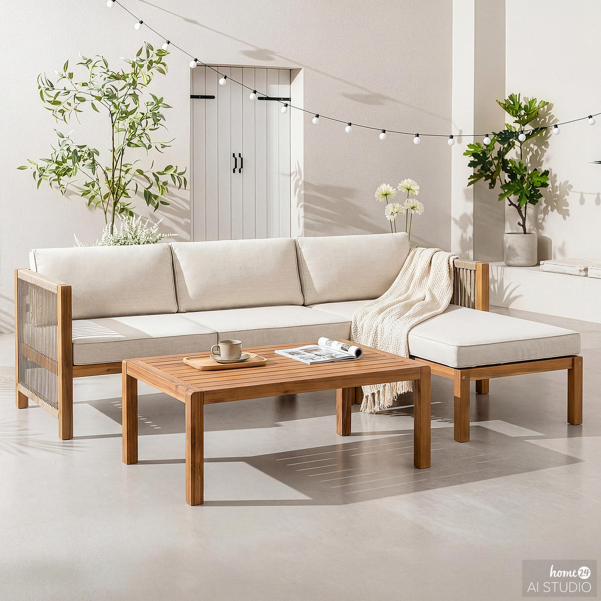 LOUNGESET - 3-teilig - Akazie massiv / Polyester - Beige/Braun, Holz/Textil - home24