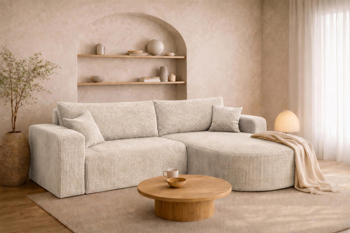 ECKSOFA Mit Schlaffunktion, Cordstoff Poso, Beige, Rechts, ROUND ONE - Creme, Holz (244/175cm) - Kaiser Möbel