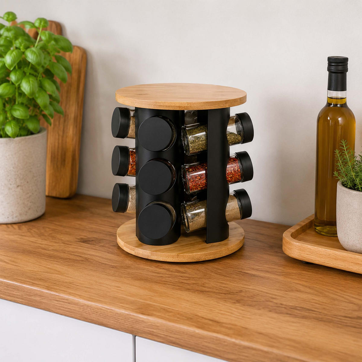 GEWÜRZKARUSSELL Natur Schwarz Transparent 16er-Set - Multicolor, Glas/Holz (19.5/27/19.5cm) - Relaxdays