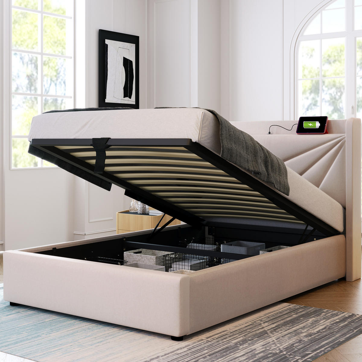 POLSTERBETT 90/200 cm Beige aus Linen mit Stauraum und USB/Typ-C mit Matratze - Beige, Textil (90/200cm) - OKWISH